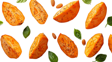 Sweet potato pieces with spices, almonds and basil leaves, created with Generative AI technology, PNG
