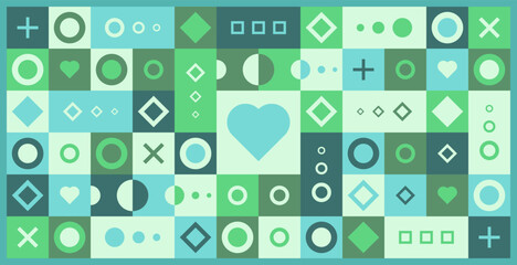 Geometric pattern background with various shapes and symbols. Vector illustration.