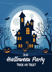 Halloween party flyer with pumpkins and haunted house vector design template