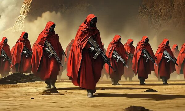Hooded soldiers in red cloaks marching in desert with ai generated.
