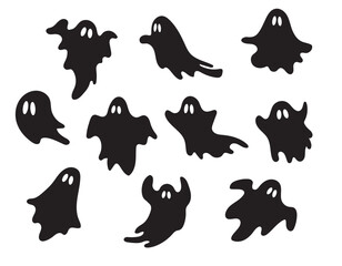 Black halloween funny spooky ghost
silhouettes vector illustration isolated on white background