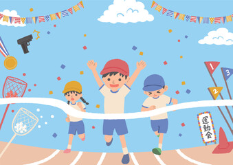 Fototapeta premium 運動会で走る子どもたちのイラスト