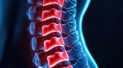 Close-up of a back with red zones symbolizing intense pain, eased by a gentle blue wave of relief, pain management