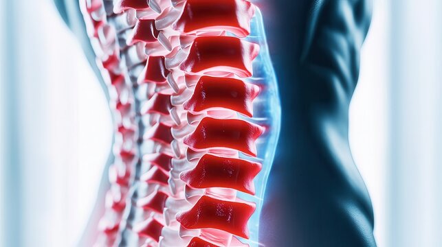 Close-up of a back with red zones symbolizing intense pain, eased by a gentle blue wave of relief, pain management
