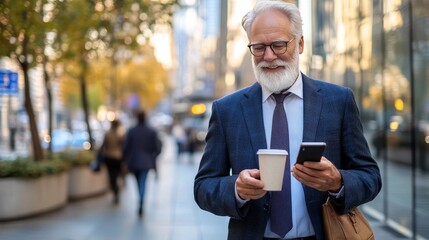 Businessman with coffee and smartphone in city.