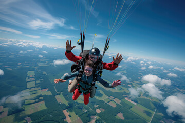 Skydiving duo experiencing thrilling freefall over a scenic landscape with expansive fields and fluffy clouds in the background delighting with exhilaration at high altitude excitement