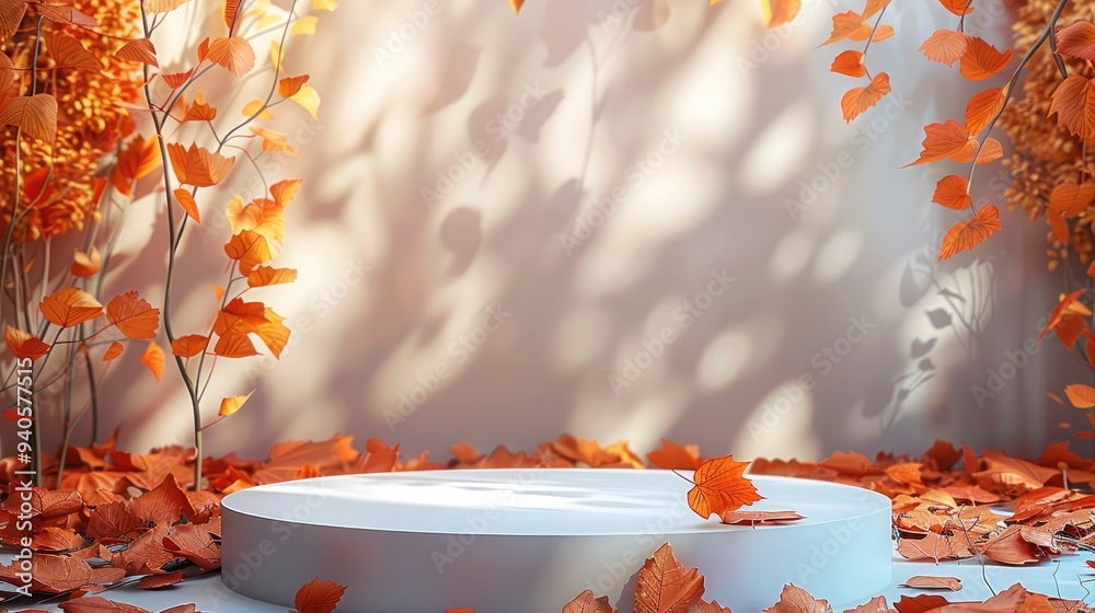 Poster Autumn Display Podium Decoration Background with Autumn leaves and empty minimal podium pedestal product display. Background or banner template for the design. Generative AI.