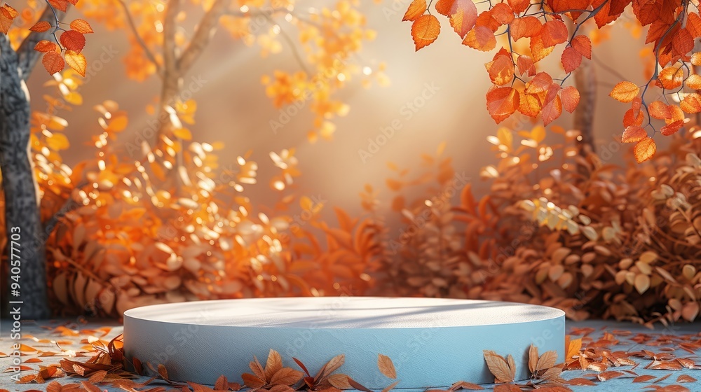 Poster Autumn Display Podium Decoration Background with Autumn leaves and empty minimal podium pedestal product display. Background or banner template for the design. Generative AI.
