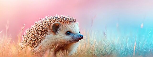  A tight shot of a hedgehog in lush tall grass, surrounded by a pink and blue sky