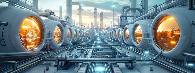 A futuristic smart factory industry landscape. Generative AI.