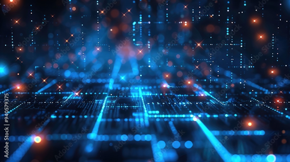 Poster Abstract background with glowing blue squares and digital connections, representing technology or data transfer in dark colors. Generative AI.