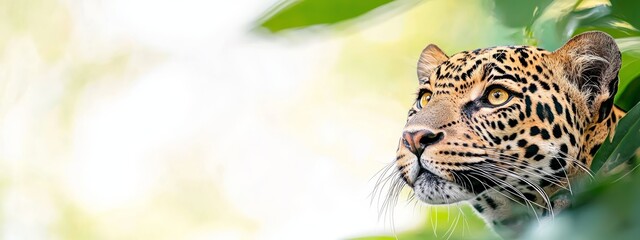 Naklejka premium A leopard's face, narrowing its eyes, peeks out from behind a verdant branch laden with green leaves