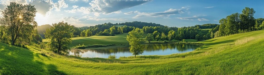 Tranquil Lake in a Lush Green Meadow with Sunlight Filtering Through Trees