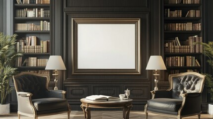 Elegant Library Interior with Empty Frame and Two Armchairs