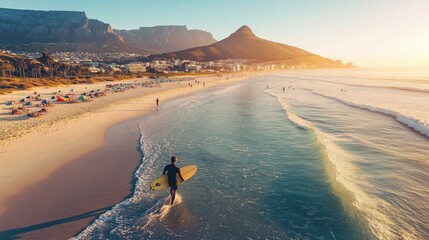 Fototapeta premium A surfer enters the clear Atlantic Ocean, with Table Mountain behind and a vibrant beach scene.