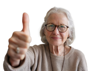 Senior woman thumb up cutout on white transparent background