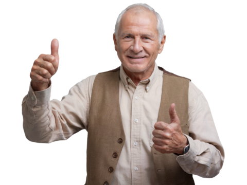 happy senior man thumb up cutout on white background