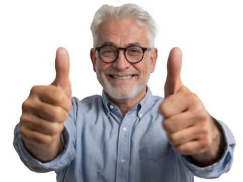 happy senior man thumb up cutout on white background