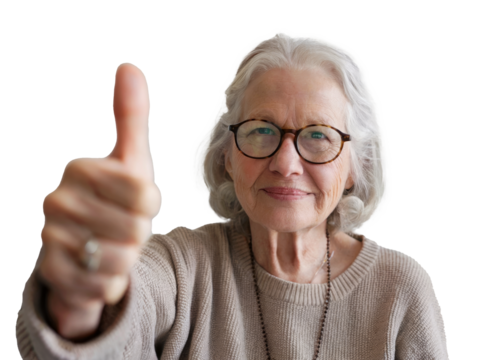 Senior woman thumb up cutout on white transparent background
