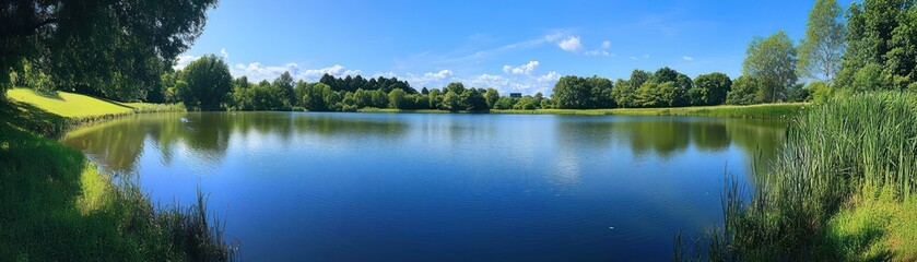 Tranquil Blue Pond Surrounded by Lush Green Trees and Grass