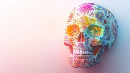 A skull with floral patterns and intricate designs like a Dia de los Muertos theme, glowing softly with pastel colors, on a white background with ample copy space