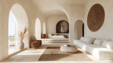 Boho, mediterranean interior design of modern home entryway, hall with arched walls