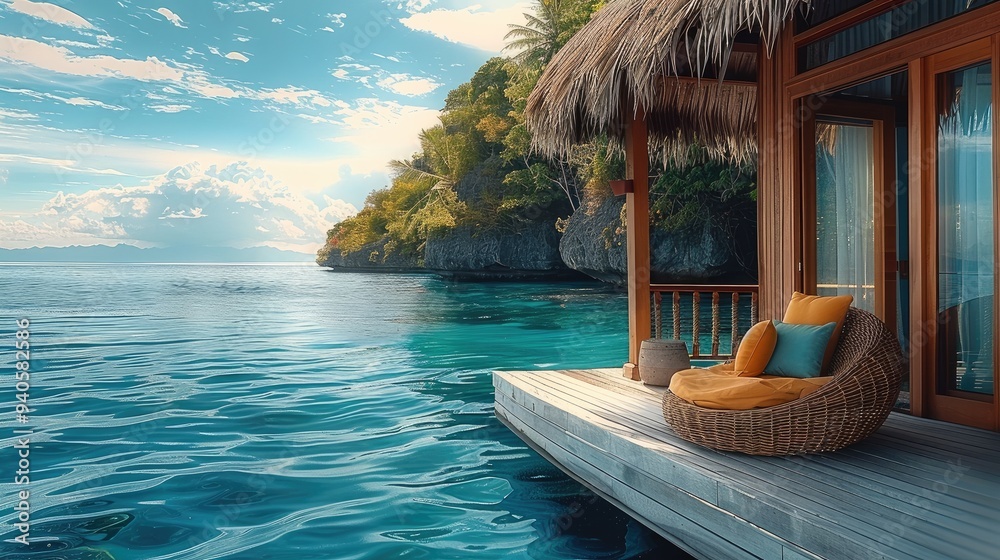 Wall mural a floating thatched roof house in the corner of the sea, overlooking an infinity sea in front of it,