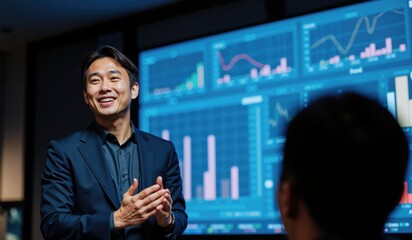 Asian Male Corporate Leader Showcasing Market Insights to a Focused Business Audience