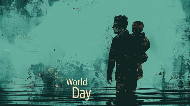 Minimalistic Poster for World Refugee Day - Silhouette of Father Carrying Child in Grunge Style