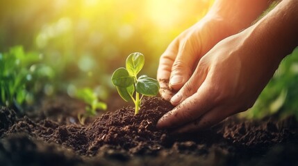 Farmer's Hands Planting in a Field for Sustainable Agriculture and Gardening Generative AI