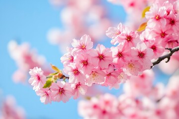 Fototapeta premium Beautiful and cute pink Kawazu Zakura (cherry blossom) against blue sky, wallpaper background. Tokyo, Japan , ai