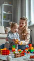 Fototapeta premium Mother and daughter play with building blocks in a cozy living room