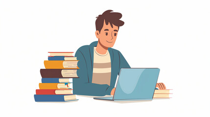 Young man studying on laptop with books