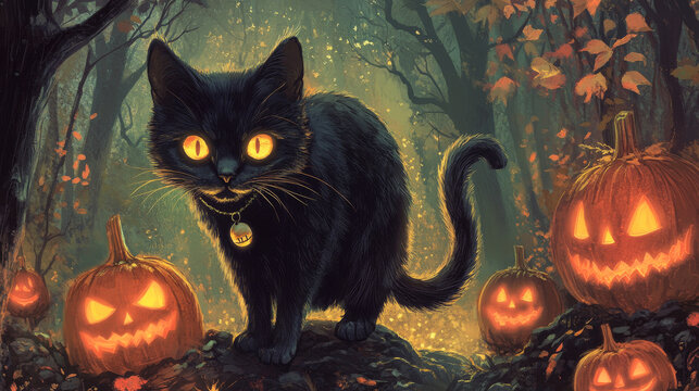 Halloween theam featuring a black cat with glowing eyes.