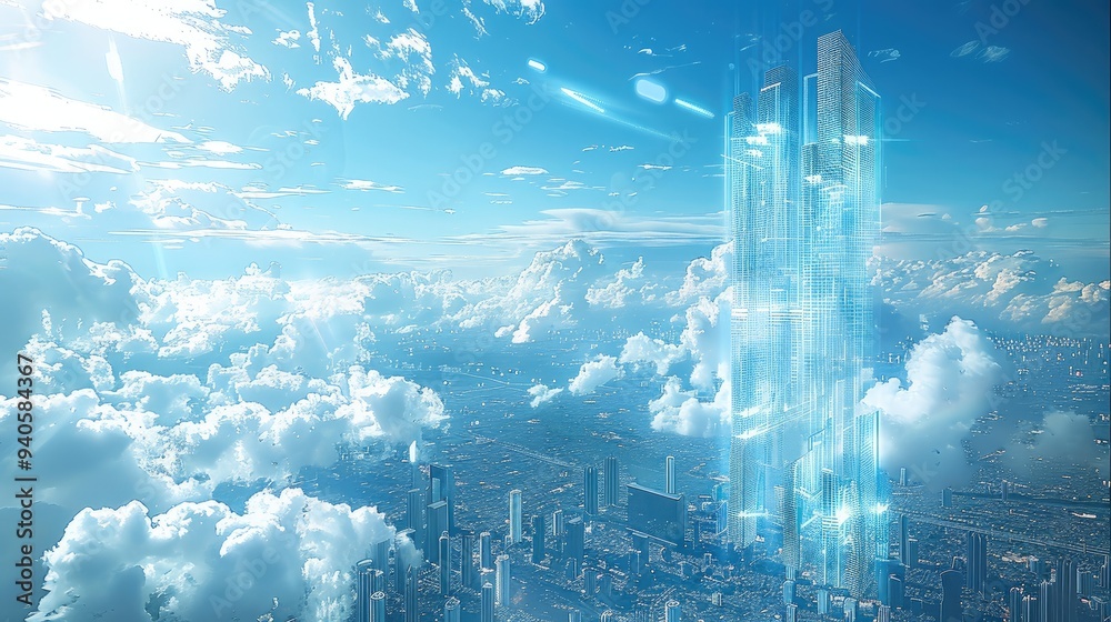 Poster 3D rendering, futuristic cityscape with holographic images of AI technology and digital marketing in high-rise buildings. The sky is blue. Generative AI.