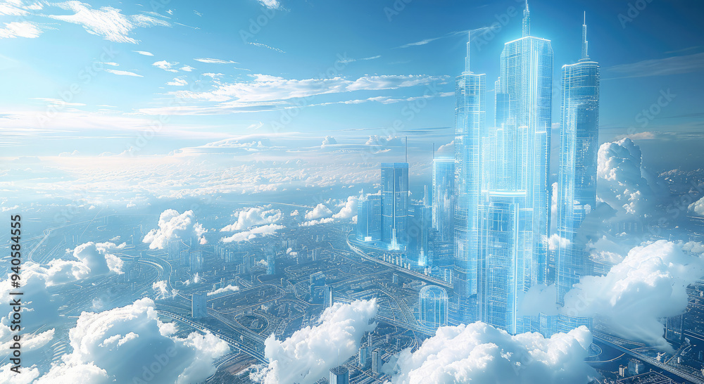 Poster 3D rendering, futuristic cityscape with holographic images of AI technology and digital marketing in high-rise buildings. The sky is blue. Generative AI.