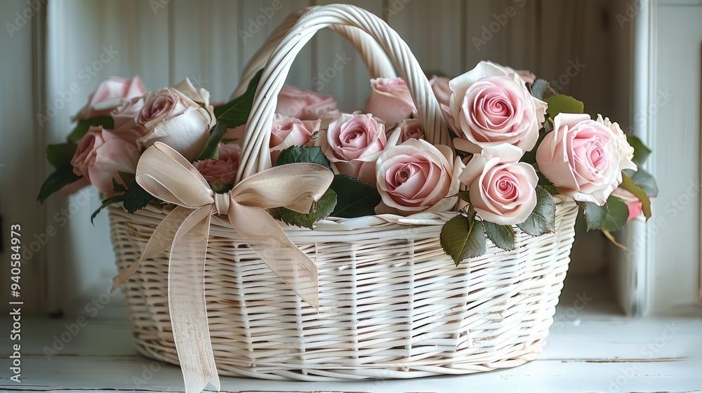 Poster a cute white large straw basket with pink roses in one side and a ribbon with a beautiful bow. gener