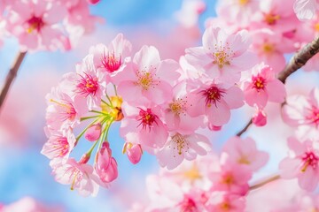 Beautiful and cute pink Kawazu Zakura (cherry blossom) against blue sky, wallpaper background. Tokyo, Japan , ai