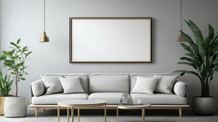 Modern Living Room with Sofa, Plants, and Framed Artwork