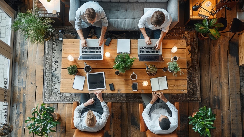 Leinwandbilder a startup team having a video conference with remote team members. top down view. generative ai.