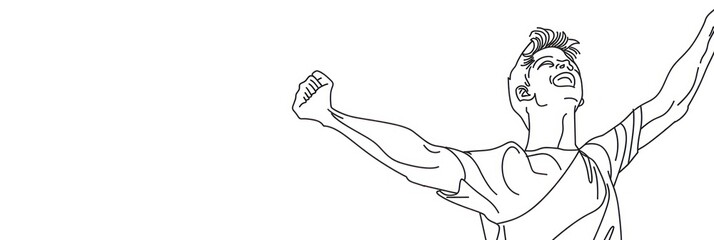 Fototapeta premium Line drawing of a man celebrating with arms raised.