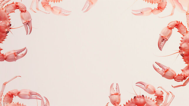 Freshly caught seafood crabs and prawns arranged in a circular design on a light background for culinary inspiration