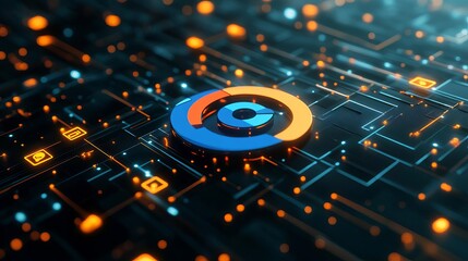 A 3D search engine logo surrounded by floating data clusters, symbolizing the central hub of digital searches