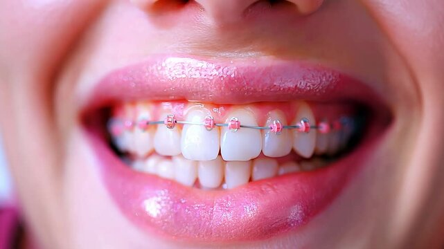 Beautiful female smile with straight white teeth and braces