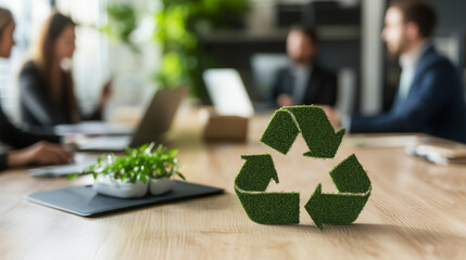 Group of business people planning and discussing on recycle reduce reuse policy symbol in office meeting room. 