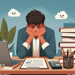 Illustration of a Stressed Businessman at Work with Paperwork and Technology