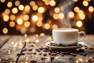 Fototapeta premium Steaming coffee cup with bokeh lights