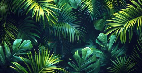 Lush green tropical palm leaves creating a vibrant and dense jungle foliage background, perfect for nature-inspired designs and projects.