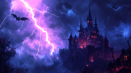 Obraz premium A dark, ominous castle perched on a hill, illuminated by a flash of lightning, perfect for adding a dramatic and spooky atmosphere to your designs.