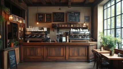 Interior design of cafe with wooden vintage style, decorated with warm and cozy tones, relaxing tones with classic old wood round corner counter and coffee machinery